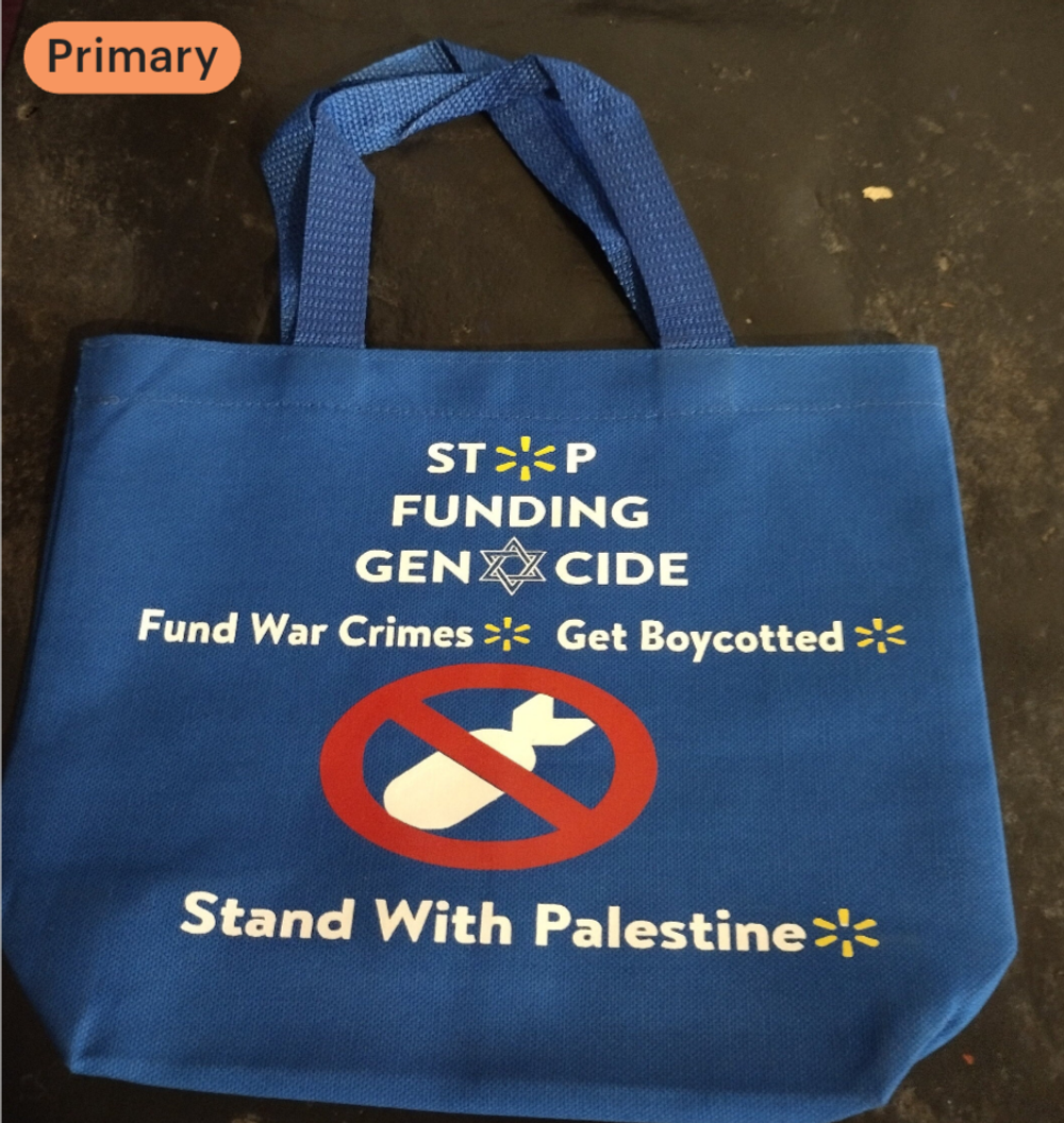 Stop funding genocide tote bag 