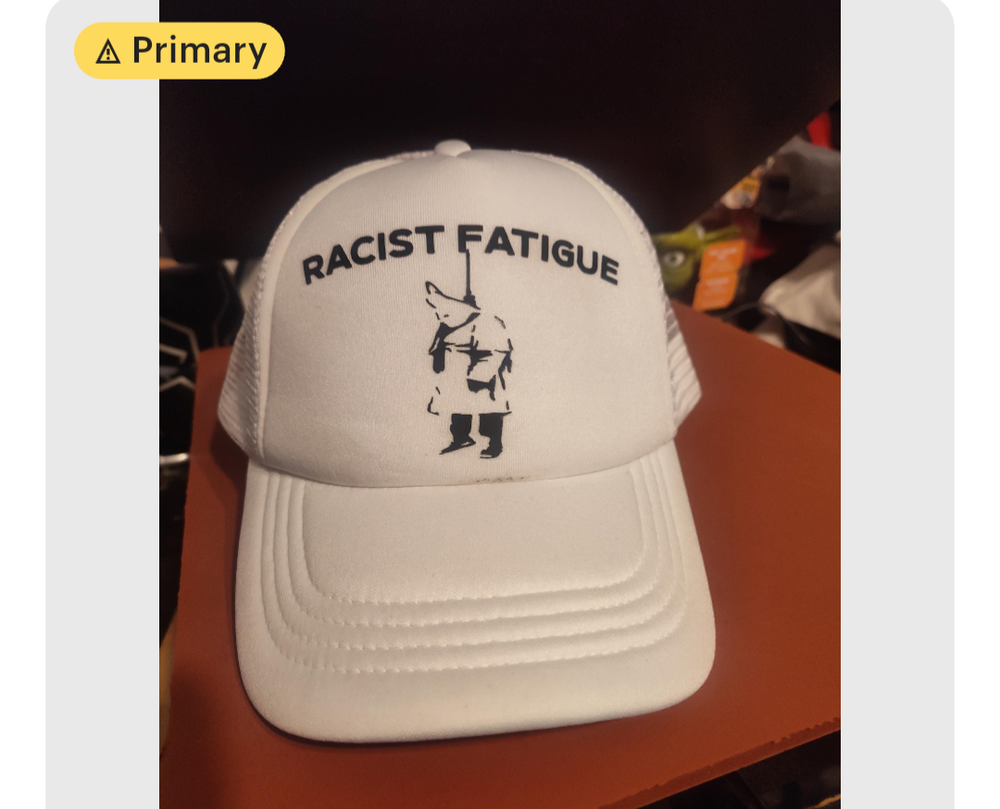Racist fatigue snapback trucker hat (white)